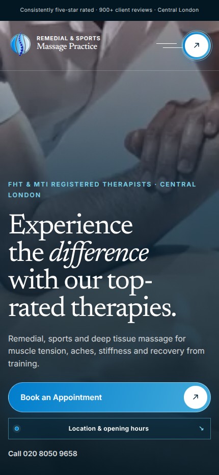 Completed Massage Practice homepage at mobile size