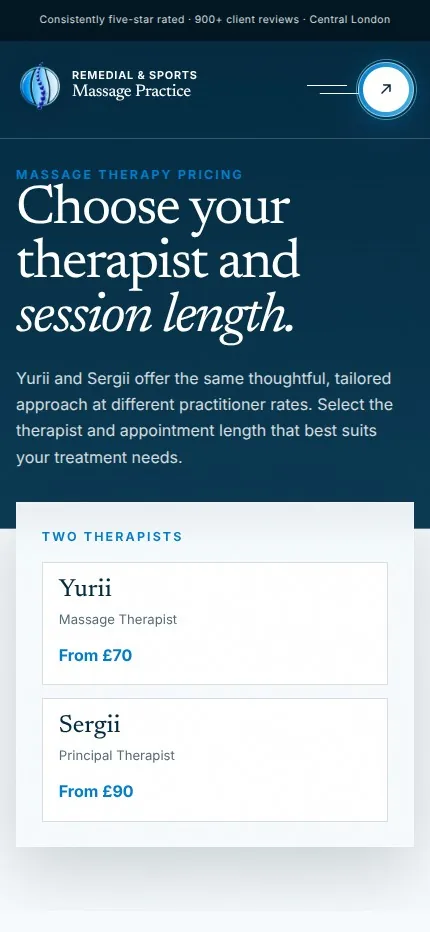 Massage Practice pricing page on mobile