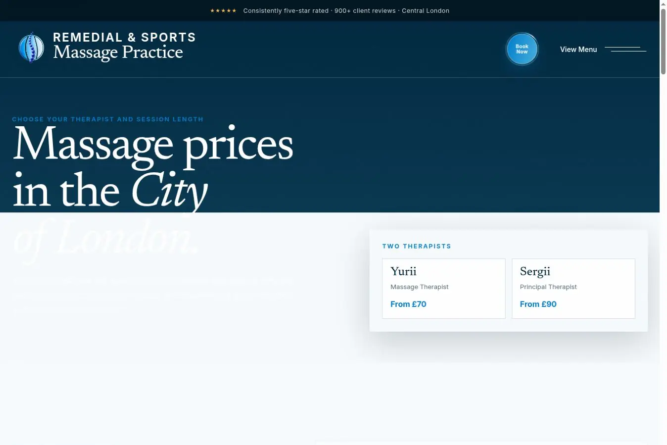 Massage pricing page on desktop