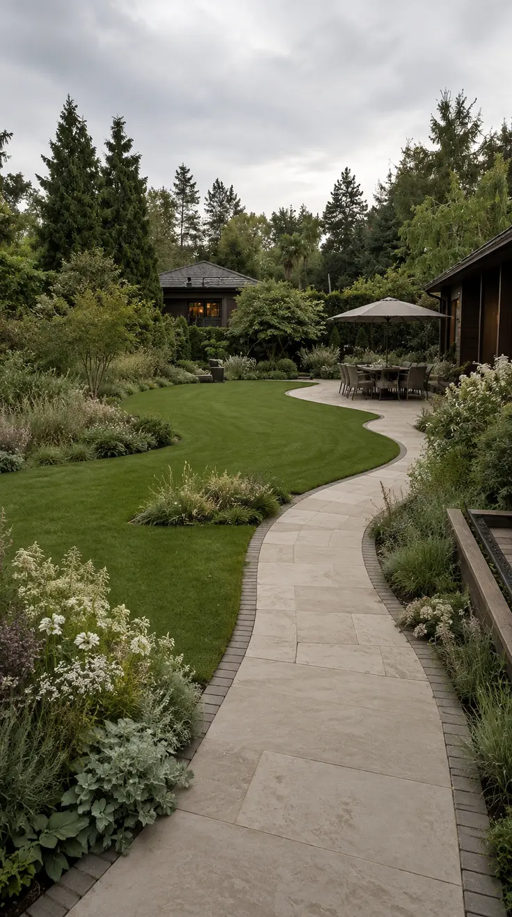 Conceptual landscaped garden with a curving path and layered planting